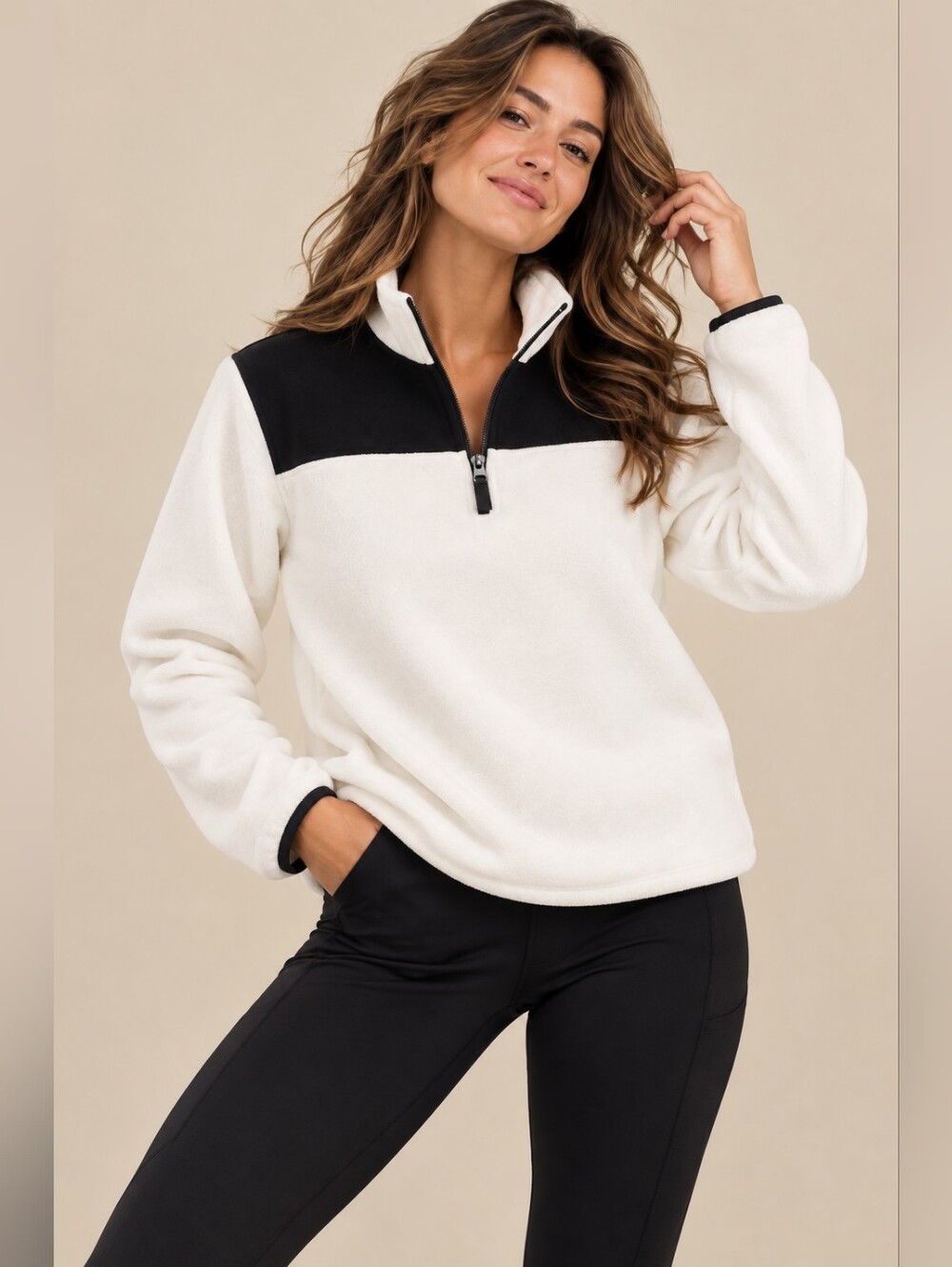 ZYIA ACTIVE Cream 1/4 Zip Fleece Sweater Lightweight Soft Pullover Women Size XL